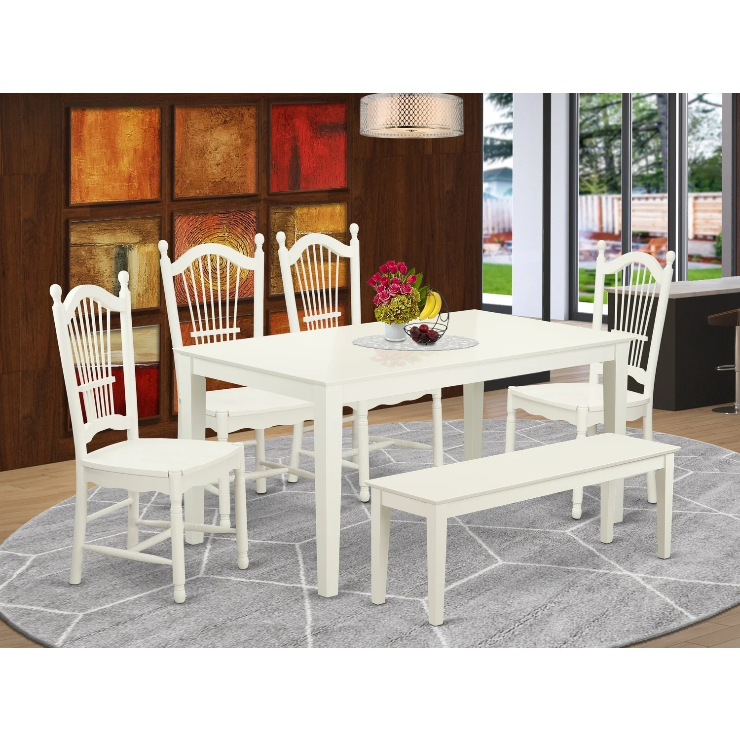 HomeStock Victorian Elegance 6 Piece Dining Table Set For 6-Dining Room Table And 4 Wood Seat Chairs And 1 Benches In Linen White