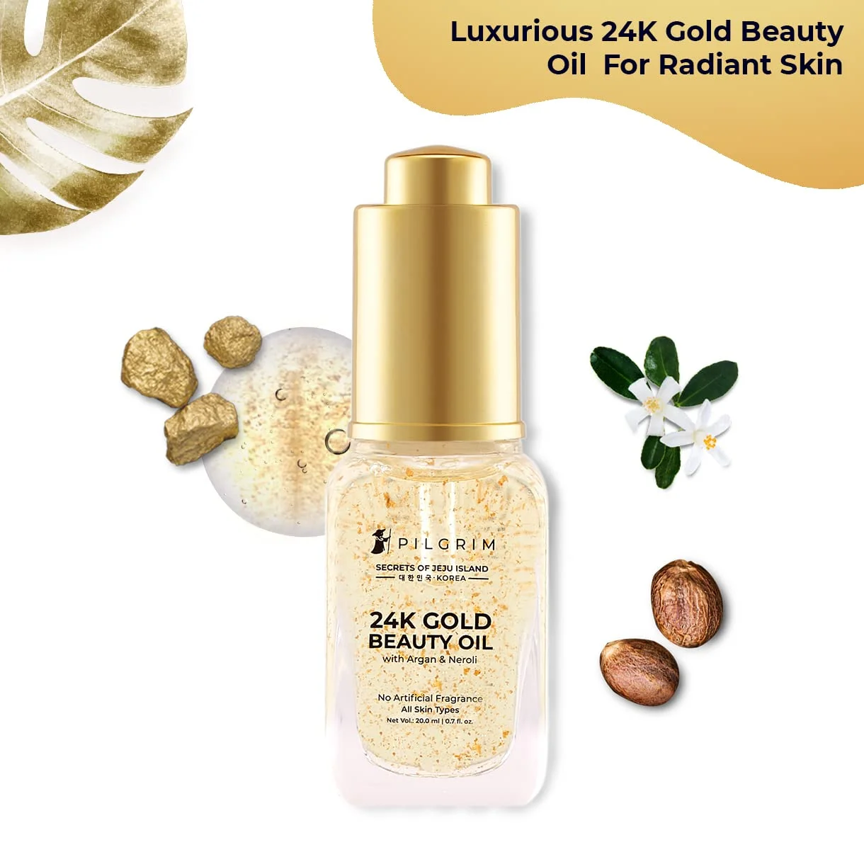 24K Gold Beauty Oil for glowing skin, deep nourishing, make up primer | For All Skin Types | For Men & Women | 20 ml