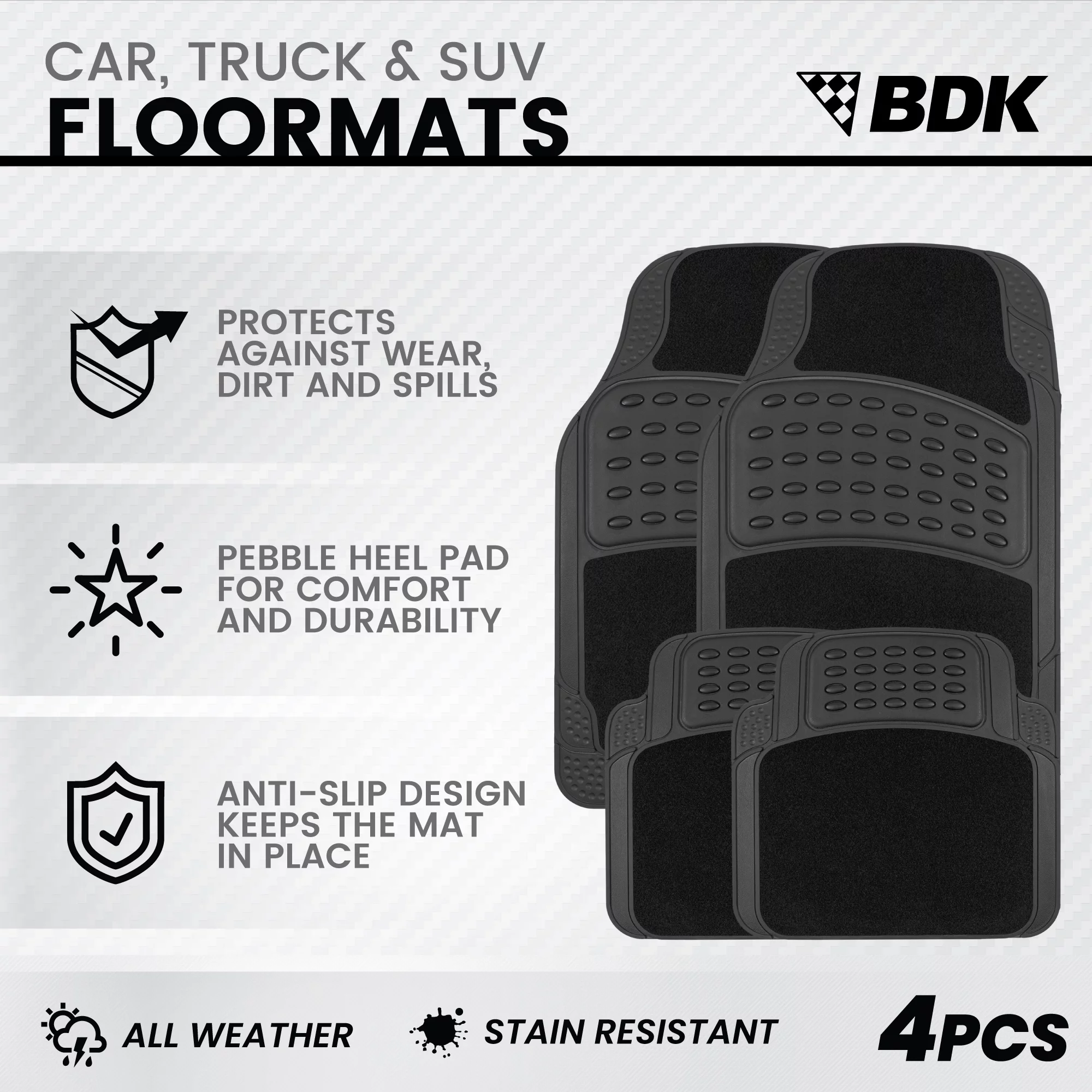 BDK  MT-484-BK HybridMat Automotive Rubber & Carpet Floor Mats, Universal Front & Rear Seat Mat Set