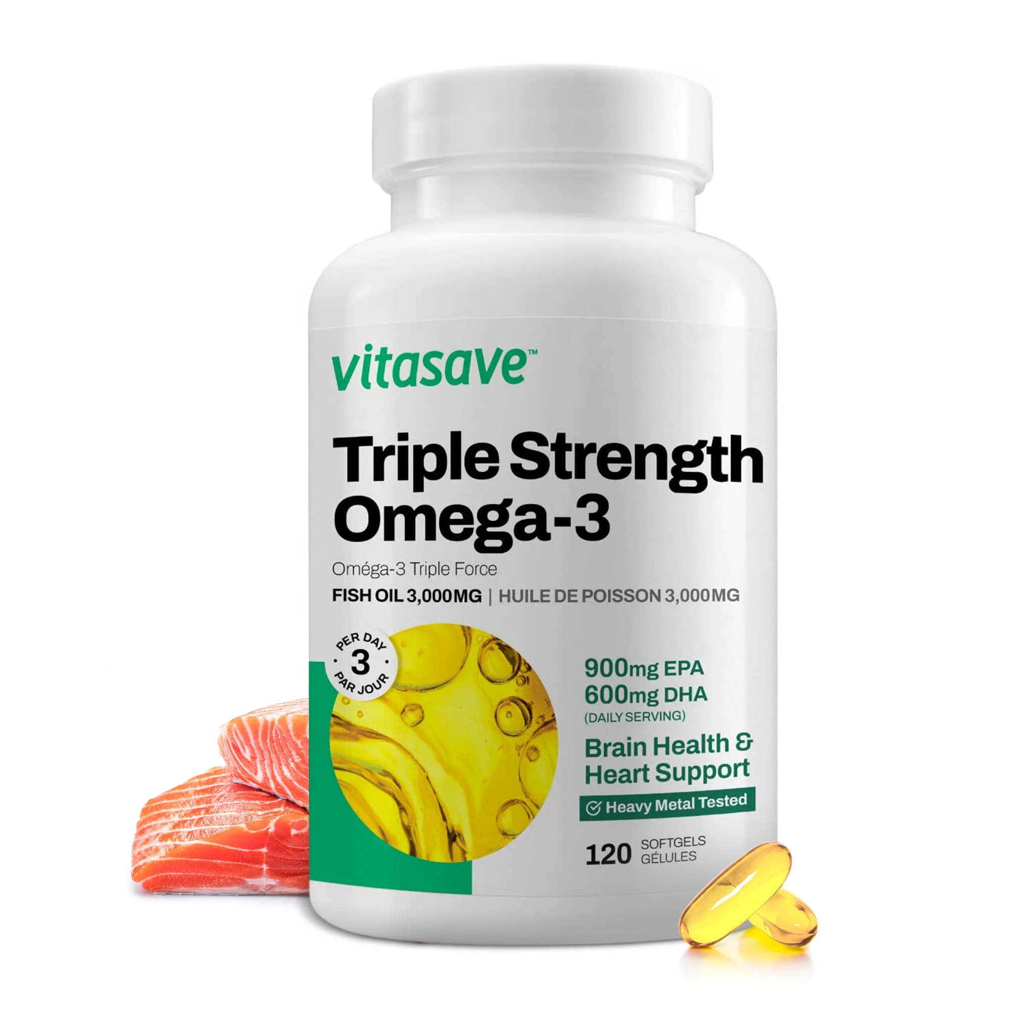 Vitasave Omega 3 Fish Oil Supplement, 3000mg Fish Oil, 120 Softgels