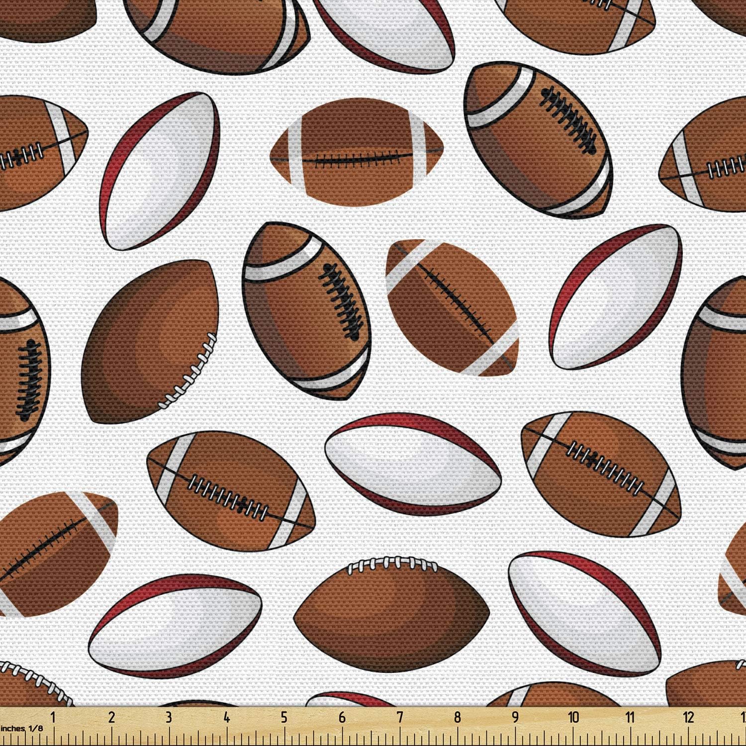 Ambesonne American Football Fabric by The Yard, Classic Design Rugby Balls in Cartoon Style Sports Competition, Decorative Fabric for Upholstery and Home Accents, 1 Yard, Caramel Ruby White