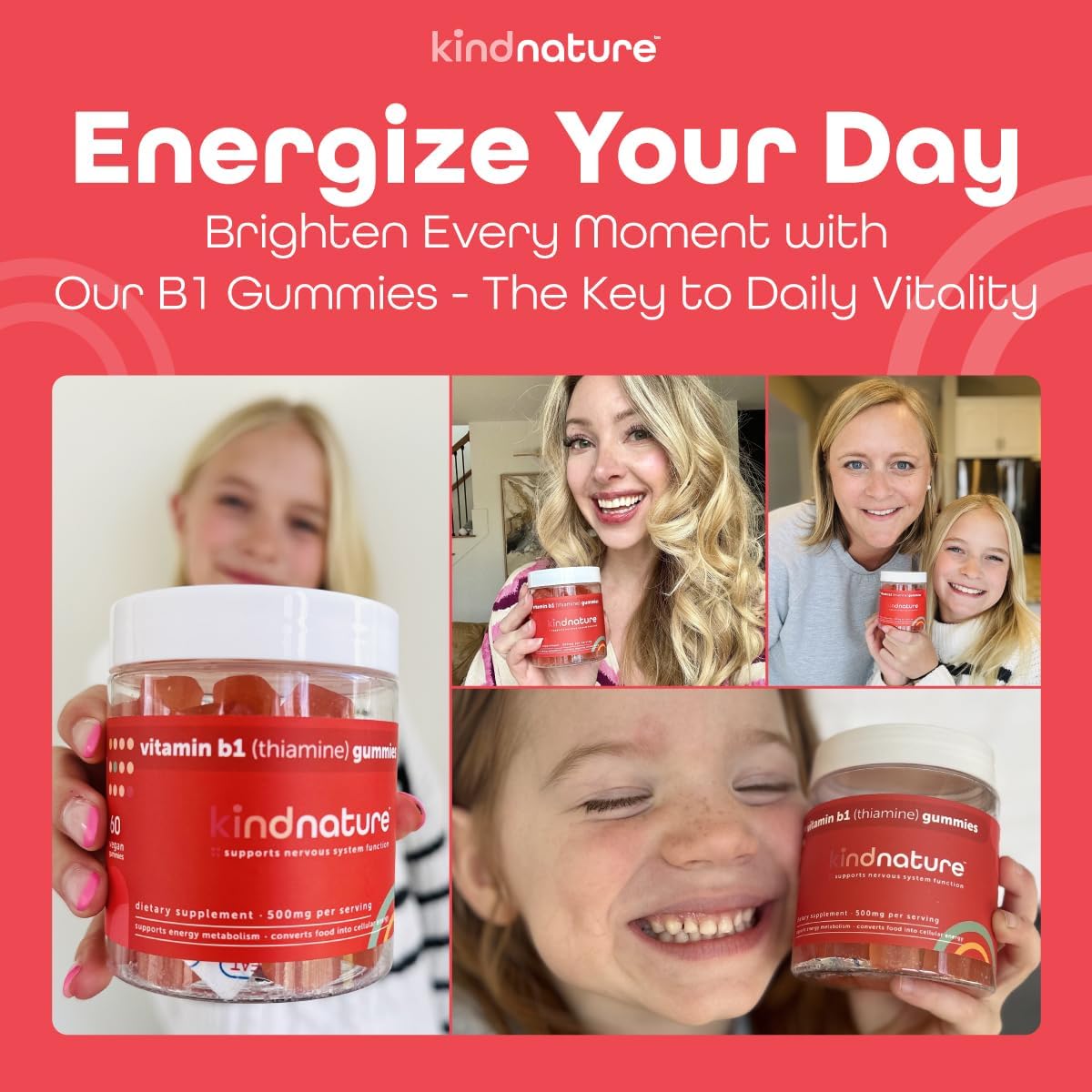 Kind Nature Vitamin B1 Gummies - Chewable Thiamine 500mg per Serving - Non GMO, Vegan, Natural Strawberry Flavor Thiamine B1 Supplement for Adults & Kids
