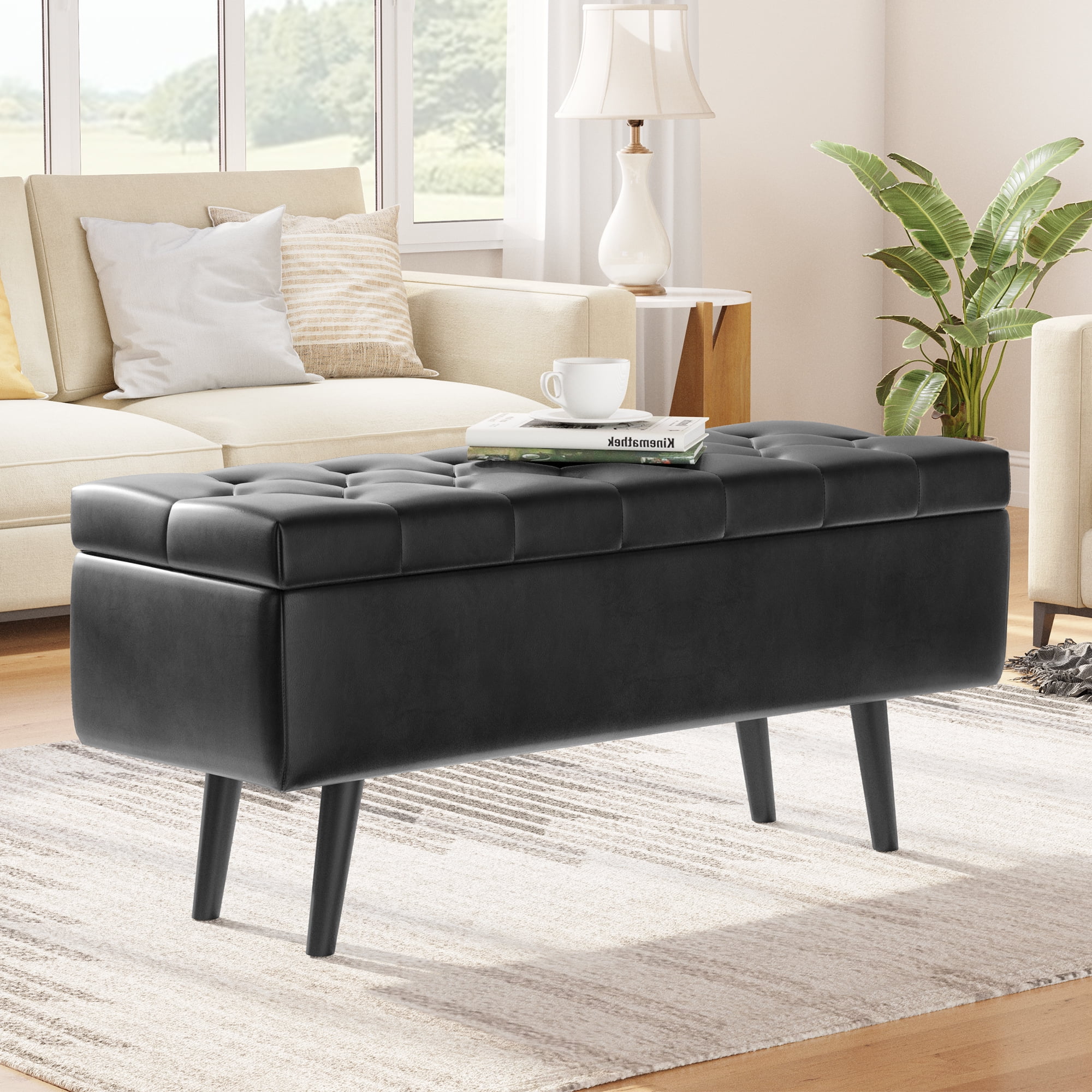 Dextrus Storage Ottoman Bench, Faux Leather Storage Bench in Upholstered Fabrics for Bedroom, Living Room (Black)