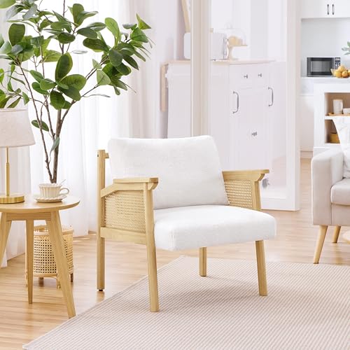 Yaheetech Accent Chair, Boucle Vanity Chair with Rattan Back Arms, Mid Century Chair Upholstered Living Room Chair Lounge Chair Bedroom Balcony White