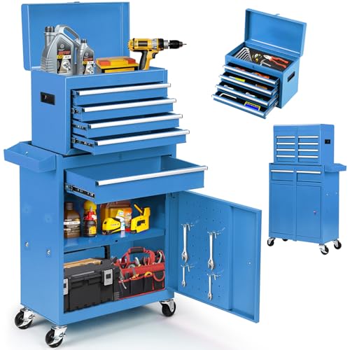 Tool Chest, 8-Drawer Rolling Tool Storage Cabinet with Wheels, Detachable Top Tool Box, and Locking Mechanism, Metal Tool Cart with Liner and 6 Hooks for Garage, Workshop, Green