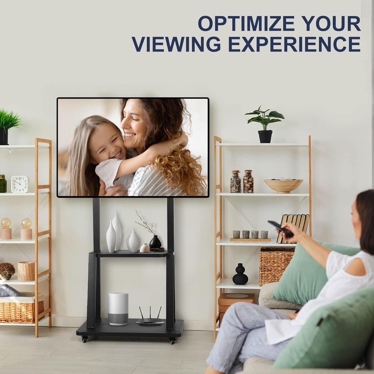 Mobile TV Cart Rolling Floor Stand for 32-75 Inch LCD LED OLED Flat Panel Screens Smartboard Movable Holds up to 100lbs with Shelf Locking Wheel Height Ajustable Heavy-Duty