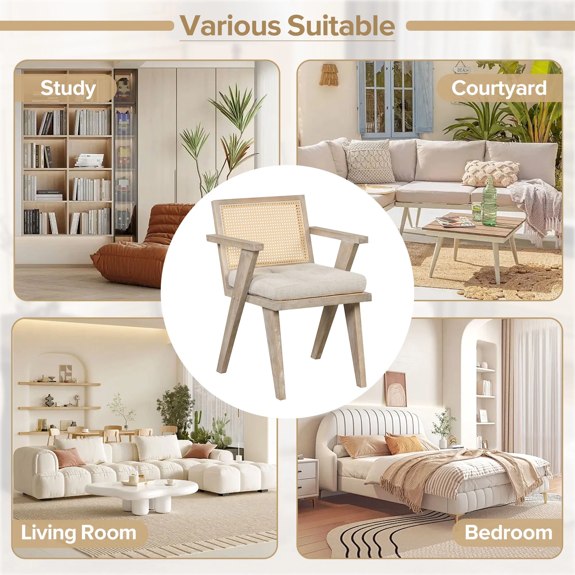 Handcrafted Rattan Backrest Mid-Century Accent Chair - Padded Seat - Ideal Living Room, Bedroom, Entryway - Natural