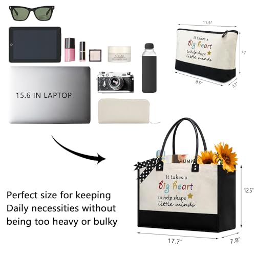 BeeGreen Mother's Day Gifts Personalized Women's Large White and Black Canvas Tote Bag, Embroidered Initials, Leather Handle, Zipper Closure