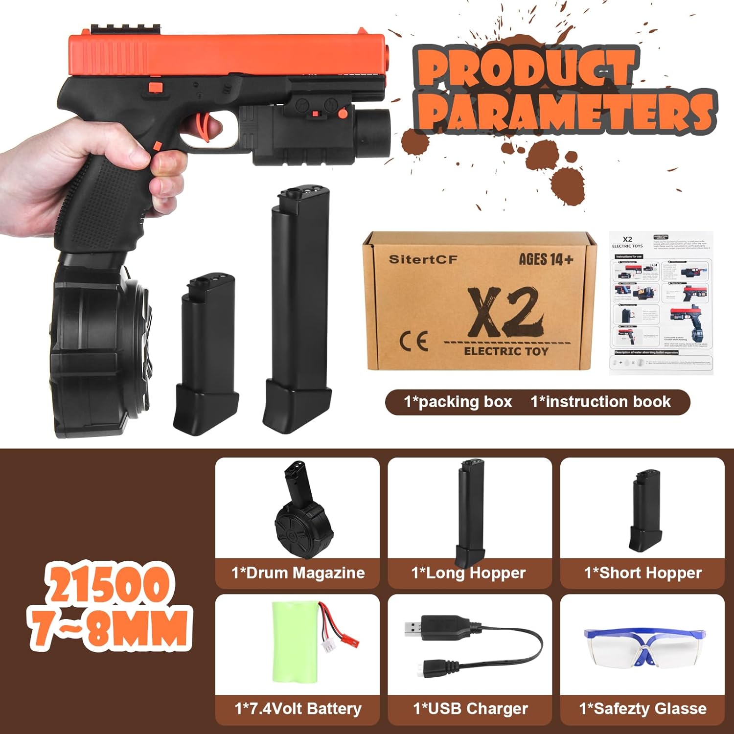 Electric Gel Toys New JM-X2, Full Auto Splat-Blaster Includes Drum and Goggles for Outdoor Team Game for Ages 14+,Orange