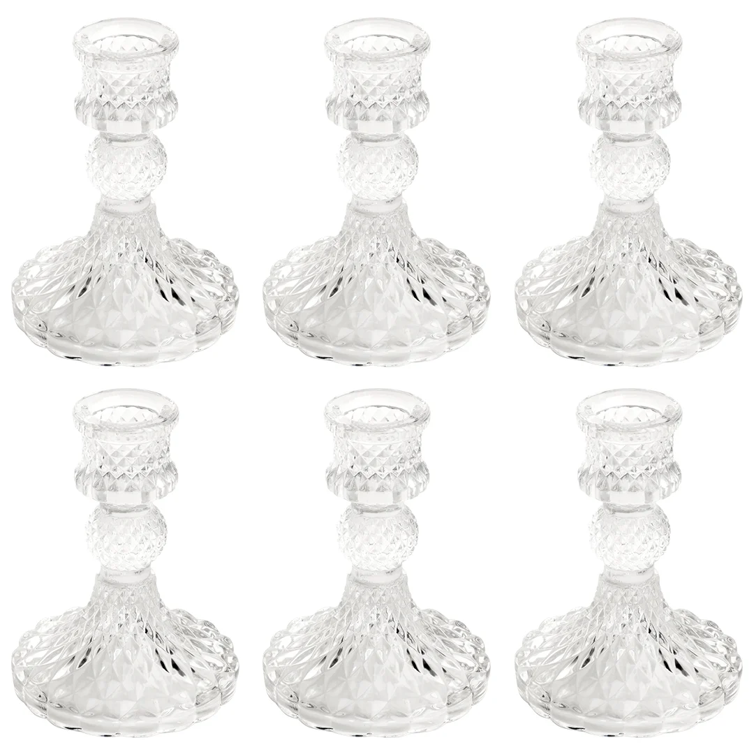Koyal Wholesale Vintage Glass Taper Candle Holders, Mid Century Modern Decor Holiday Centerpiece Wedding Dinner, 6-Pack