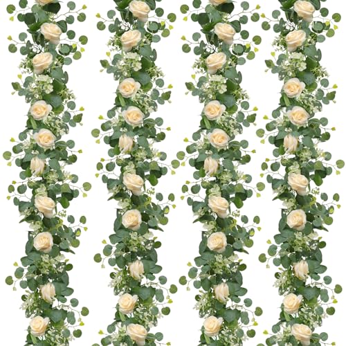 TOCHGREEN 2Pcs(13 Ft) Artificial Eucalyptus Flower Garland with White Rose Flowers,Faux Rose Vine Gypsophila Garland,Floral Garland Greenery Garland for Home Party Wedding Table Decor (White, 2PCS)