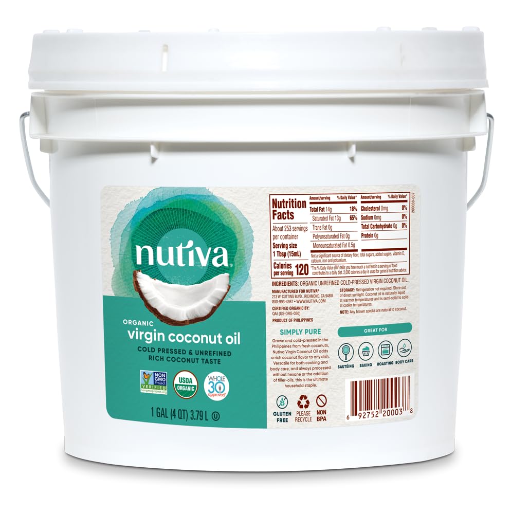 Nutiva Organic Coconut Oil 128 fl oz, Cold-Pressed, Unrefined Cooking Oil, Natural Hair Oil, Skin Oil, Massage Oil, USDA Organic, Extra Virgin Coconut Oil (Aceite de Coco)