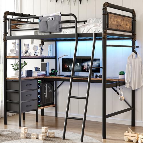 Twin Size Heavy Duty Metal Loft Bed with L-Shaped Desk, LED Lights,Charging Station, Industrial Loft Bed Frame with 3 Storage Shelves and 3 Fabric Drawers, Safety Guard & Ladder (Vintage Brown)