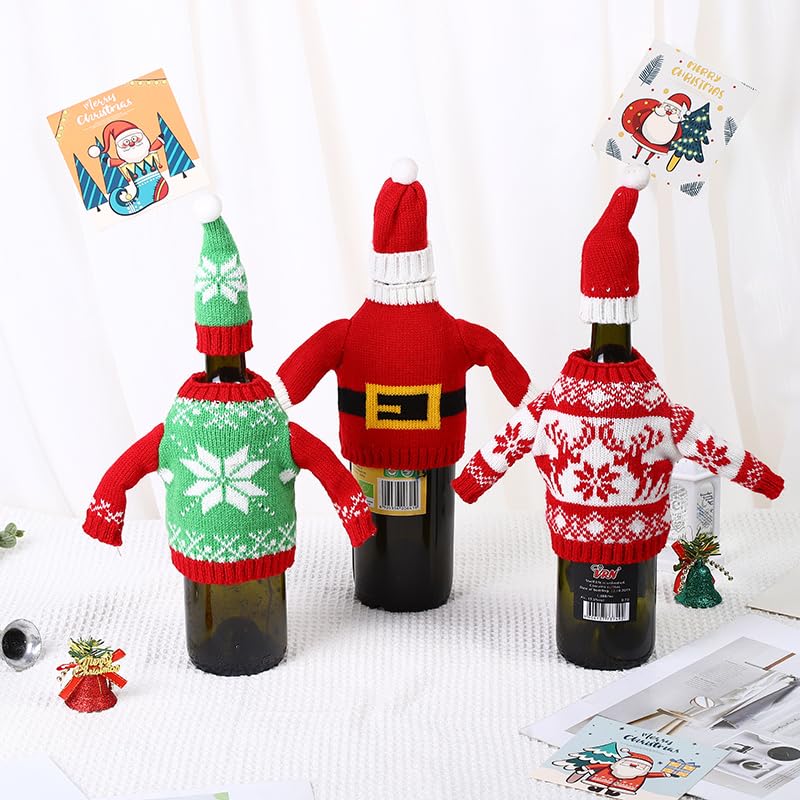 3 Pack NEW! Christmas Wine Bottle Cover Knitted Sweater Covers with Hat, Christmas Doll Accessories Clothes Accessory Sweater for Holiday Party Decorations and Table Setting