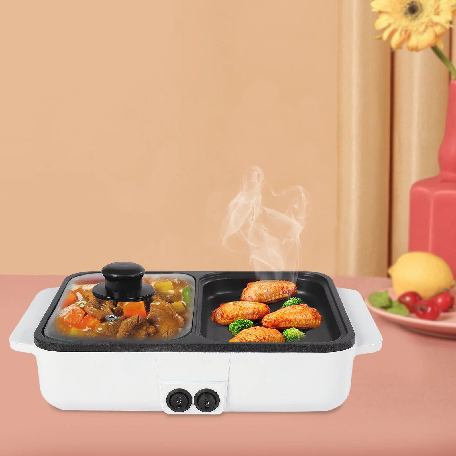 2 in 1 Electric Hot Pot Non-Stick BBQ Plate Barbecue Grill Cooking Frying Pan