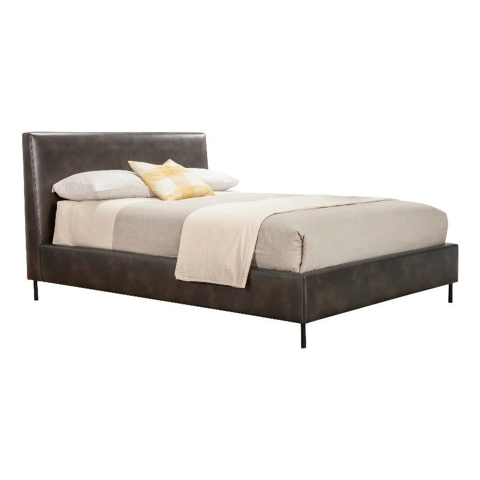 Benzara Upholstered Faux Leather & Solid Wood King Bed with Metal Legs in Gray