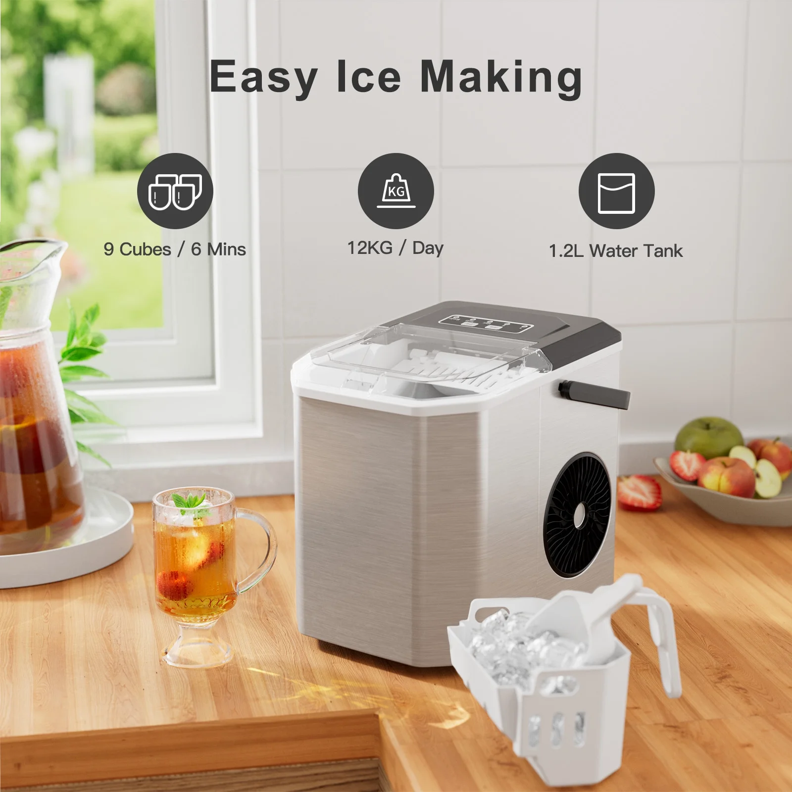 Philergo Countertop Ice Maker, Self-Cleaning Portable Ice Machine, 9 Cubes in 6 Mins, 26lbs/24H(Silver)