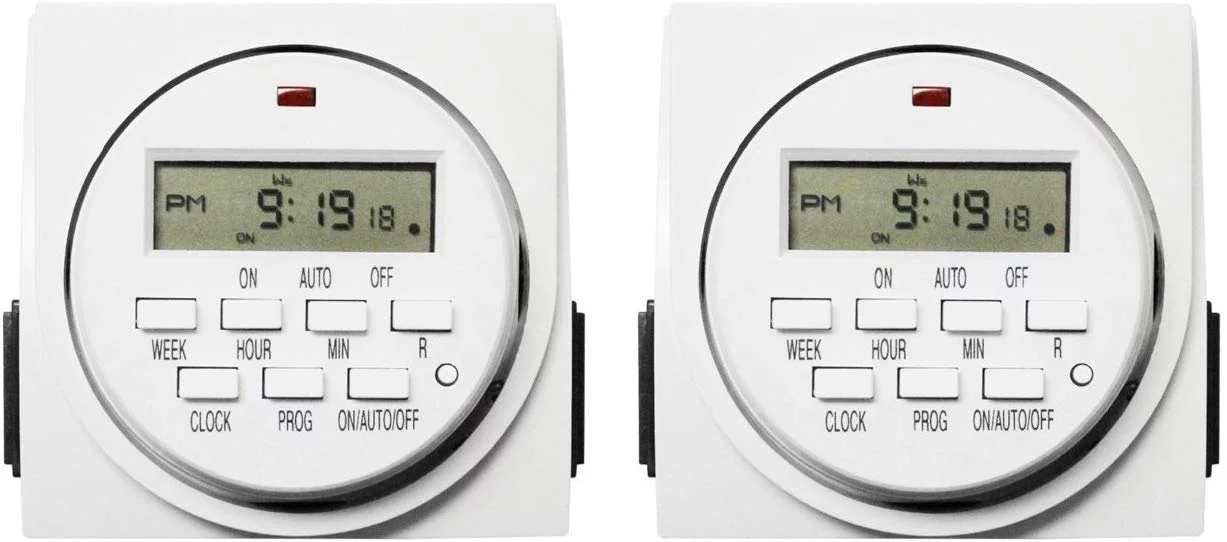 iPower 7 Day Heavy Duty Digital Programmable Electric Timer, Indoor Dual Outlet Switch for Lights, 125VAC, 15A, 60 Hz, 1725W, White, 2 Pack
