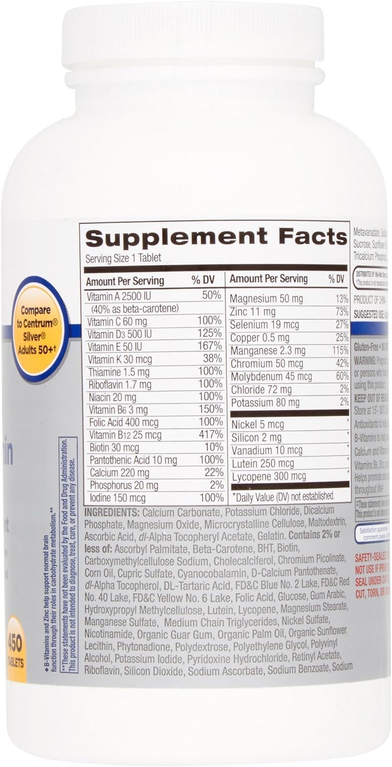 Adult 50+ One Daily Equate Complete Multivitamin/Multimineral Supplement Tablets, Includes One 450-count Equate Tablet Bottle, Brought to You by Rare.