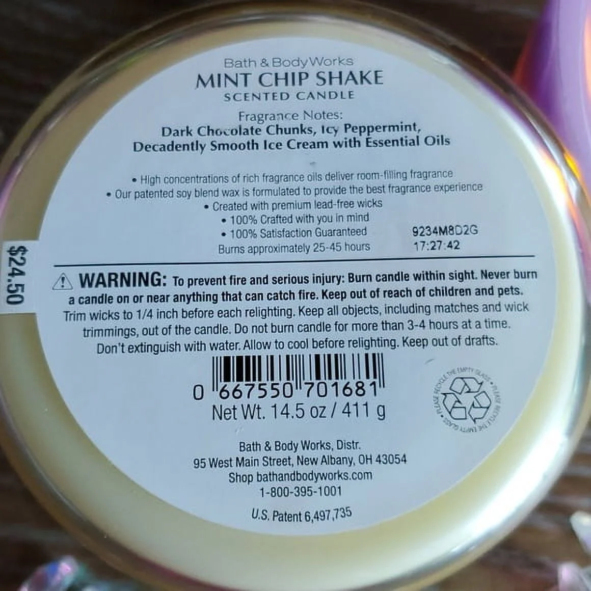 Bath & Body Works Candle Three Wick MINT CHIP SHAKE ~ SWEET AND INTICING. Fragrance notes of vanilla mint ice cream, chunky chocolate chips, whipped cream with natural essential oils.