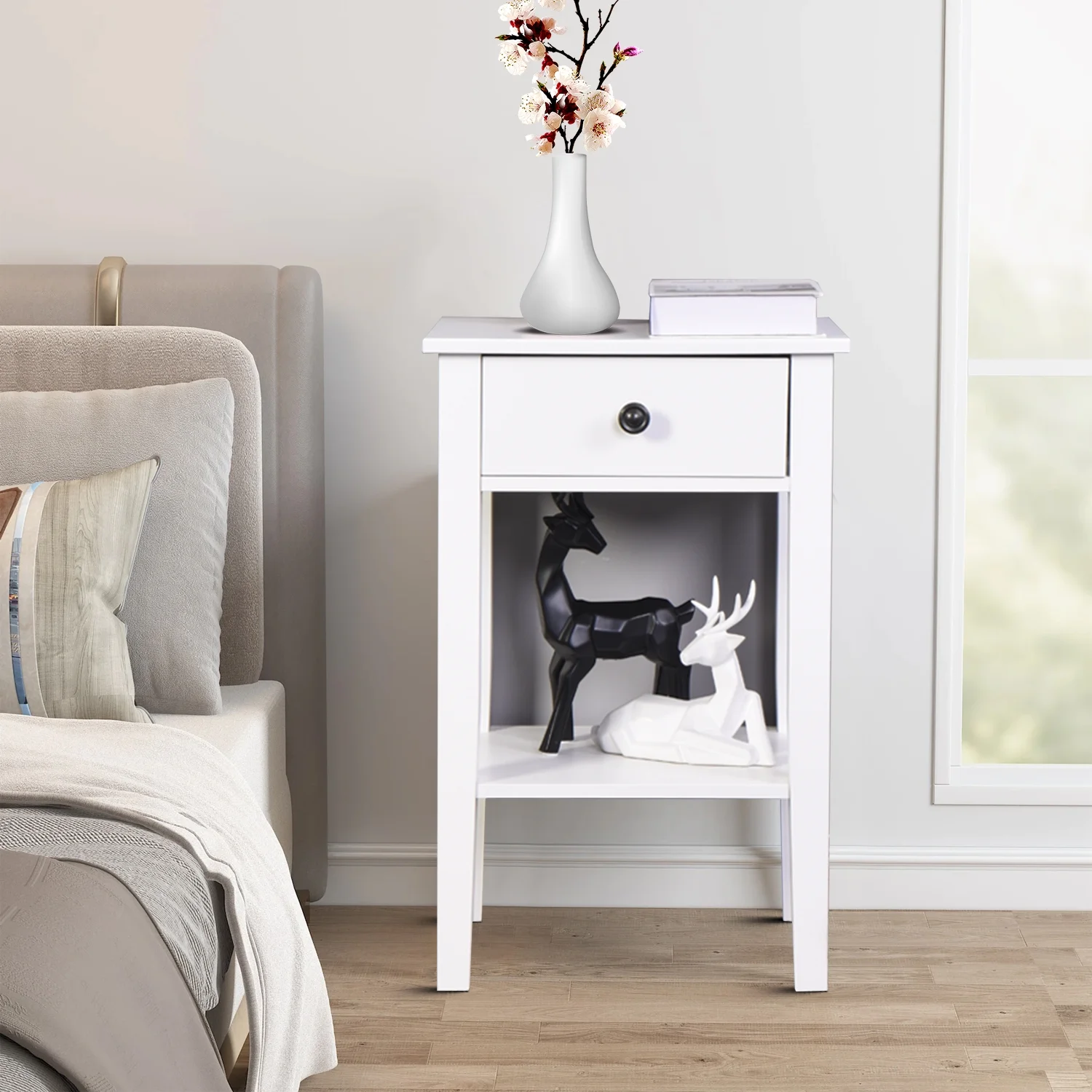 Modern Concise Wooden Floor-standing Storage Table with A Drawer and An Open Shelf for Bedroom, Living Room, White