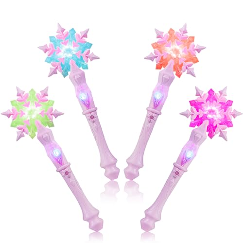 EnrichFun Light Up Frozen Snowflake Wand with Sound, Motion Sensitive Magic Princess Toys for Kids Girls Party Favors 4 Pieces, (Mixed)