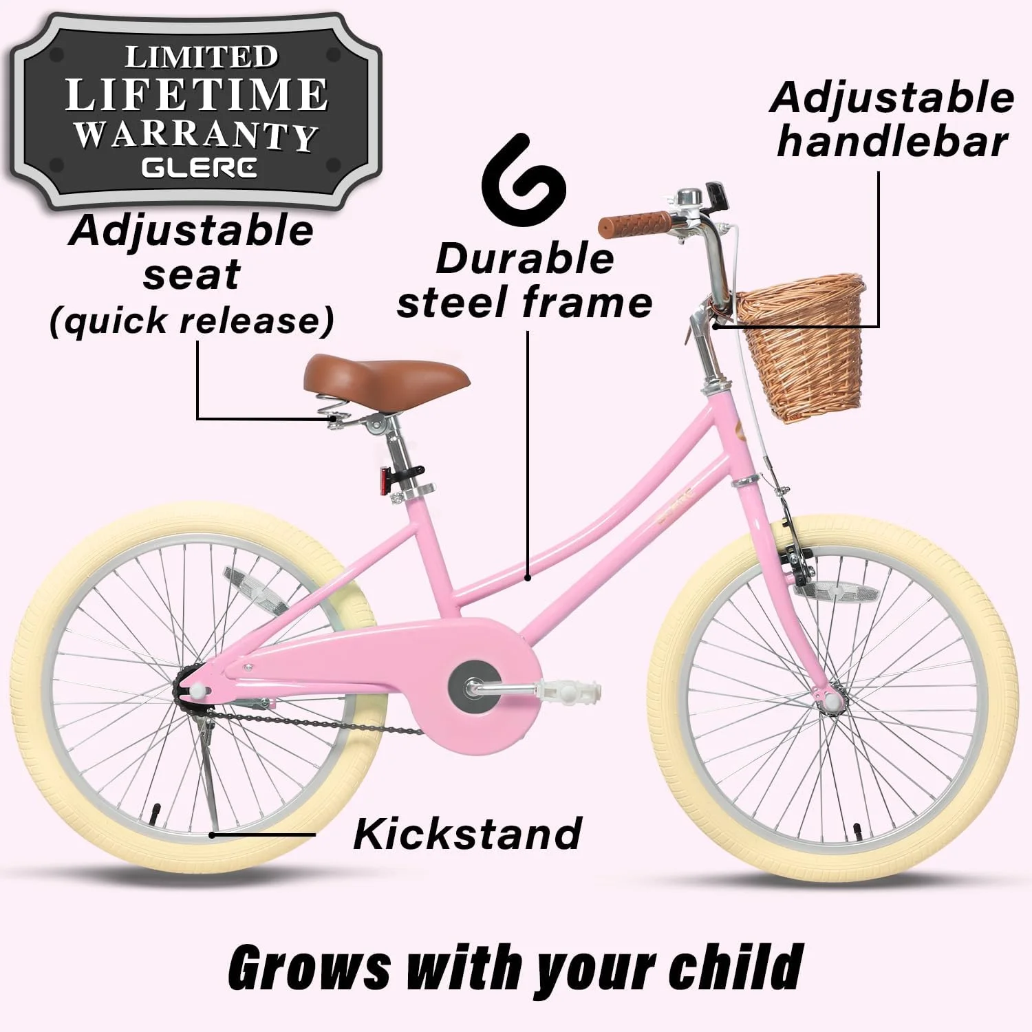 Glerc 20 Inch Kids Bike for 5 6 7 8 Years Old Little Girls Retro Vintage Style Bicycles with Bell and Training Wheels,Pink