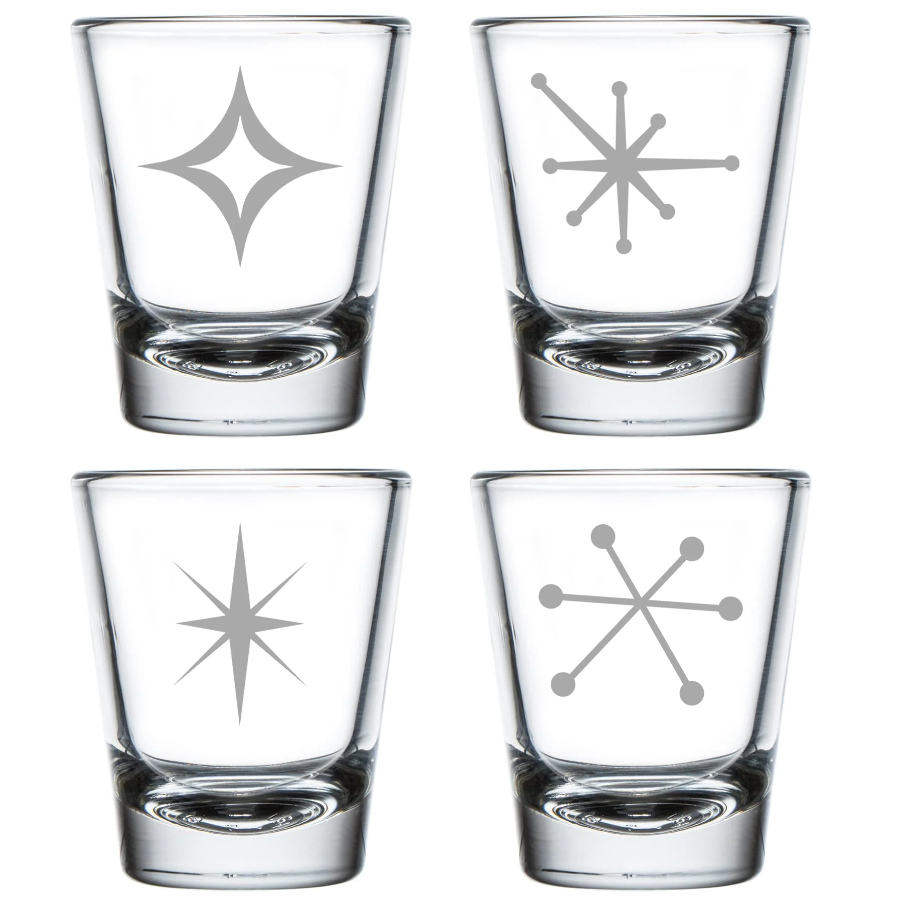 Set of 4 Shot Glasses 1.75oz Shot Glass Retro Starbursts Mid Century Modern Art Deco Collection Gift