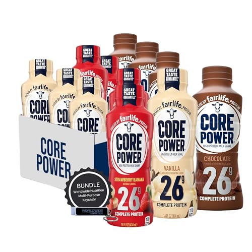 Worldwide Nutrition Bundle: Core Power Fairlife 26g Protein Milk Shakes - Ready To Drink for Workout Recovery - Chocolate Flavor, 14 Fl Oz (Pack of 12) and Multi-Purpose Key Chain