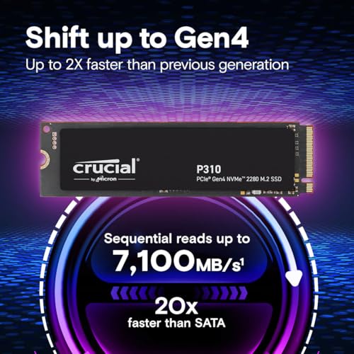 Crucial P310 1TB 2280 PCIe Gen4 3D NAND NVMe M.2 SSD – Up to 7,100 MB/s – Shift up to Gen4, with Acronis Offer, Internal Solid State Drive (PC) – CT1000P310SSD801