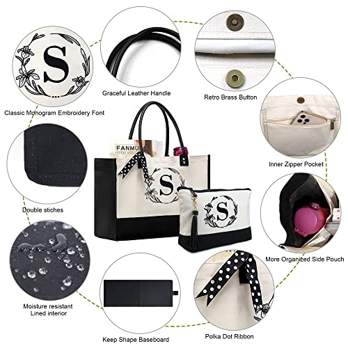 BeeGreen Mother's Day Gifts Personalized Women's Large White and Black Canvas Tote Bag, Embroidered Initials, Leather Handle, Zipper Closure