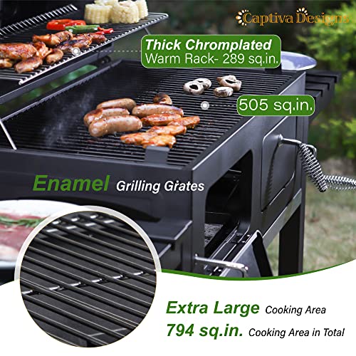 Captiva Designs Extra Large Charcoal BBQ Grill with Oversize Cooking Area(794 sq.in.), Outdoor Cooking Grill with 2 Individual Lifting Charcoal Trays and 2 Foldable Side Tables