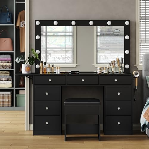 Vanity Desk with Power Outlet, 9 Drawers Makeup Vanity with Mirror and 12 LED Lights, 3 Lighting Modes, Glass Top Vanity Set, Fold-up Panel, Dressing Table for Bedroom