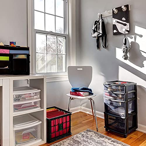 HOMZ Drawer Tower, 4-Tier Clear Plastic Storage Organizer Cart, Black Frame - Rolling Drawer Containers with Wheels for Bathroom, Bedroom, Office, and Classroom Organization