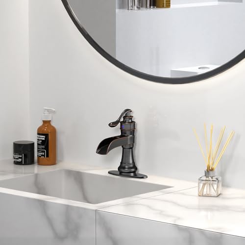 Vessel Sink Faucet, Oil Rubbed Bronze Black Bathroom Faucet, Farmhouse Waterfall Sink Faucet Single Hole with Pop Up Drain Assembly Without Overflow One Hole Mixer Tap Deck Mount