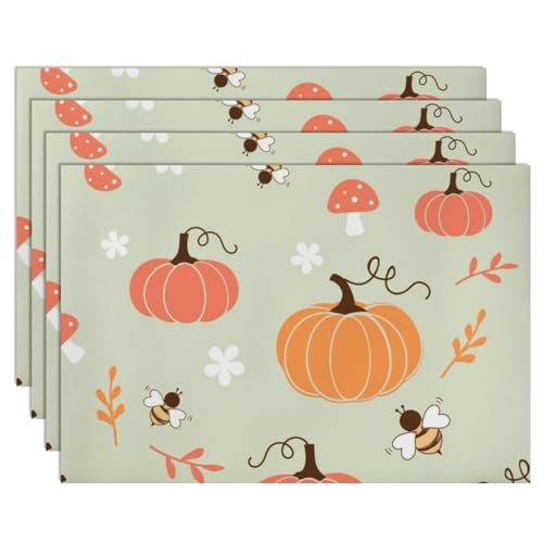 Kitchen Placemat Faux Leather Cartoon Pumpkin Bee 12 X 18 Inch Plate Placemats Cute Autumn Bees Dining Table Insulating Mats Placemats Waterproof Festival Party Thanksgiving Table Pack of 6