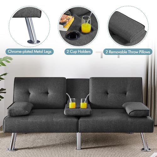 Yaheetech Convertible Sofa Bed Adjustable Fabric Couch Sleeper Modern Recliner Reversible Loveseat Folding Daybed Guest Bed, Removable Armrests, Cup Holders, 3 Angles, 772lb Capacity, Dark Gray