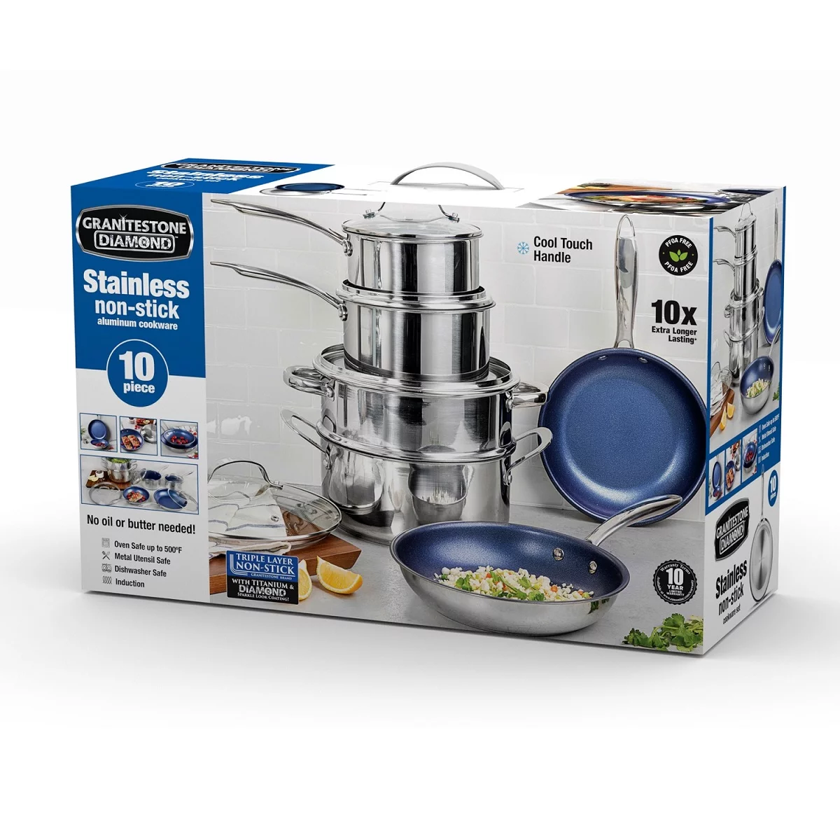 Granitestone Pro Stainless-Steel Pots & Pans Set Nonstick, Tri-Ply Base, 10 Piece Blue Nonstick Cookware Set includes Frying Pans, Stock Pots & Skillets, Dishwasher & Induction Safe, Stay Cool Handles