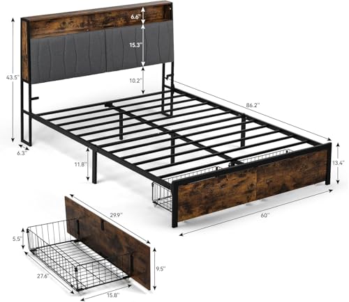 COMHOMA Platform Bed Frame with LED Lights and Charging Station, Storage Headboard and Footboard Drawers, No Box Spring Needed, Rustic Wood Look (Queen (U.S. Standard))