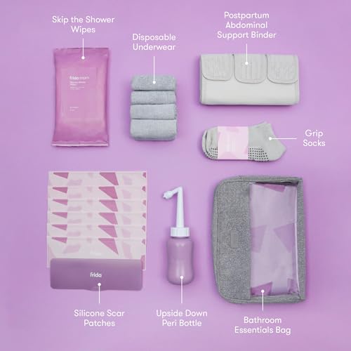 Frida Mom C-Section Recovery Must Have Kit for Labor, Delivery, & Postpartum, Socks, Peri Bottle, Disposable Underwear, Abdominal Support Binder, Shower Wipes, Silicone Scar Patches, & Toiletry Bag