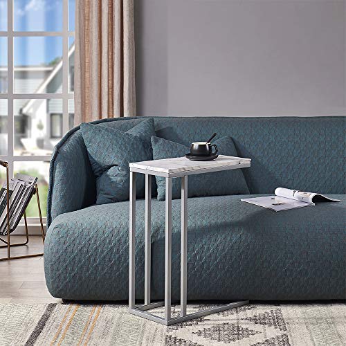 C-Shape Side End Table, Faux Marble Tray Snack Table with Metal Frame, Laptop Coffee Holder, Modern Furniture (Silver)