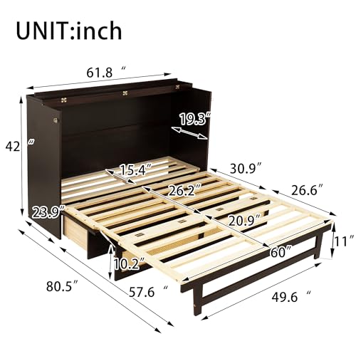 Queen Murphy Bed with Desk and Removable Shelves on Each Side, Murphy Bed Chest Murphy Bed Frame w/USB Port for Home Office, Studio or Guest Room,White