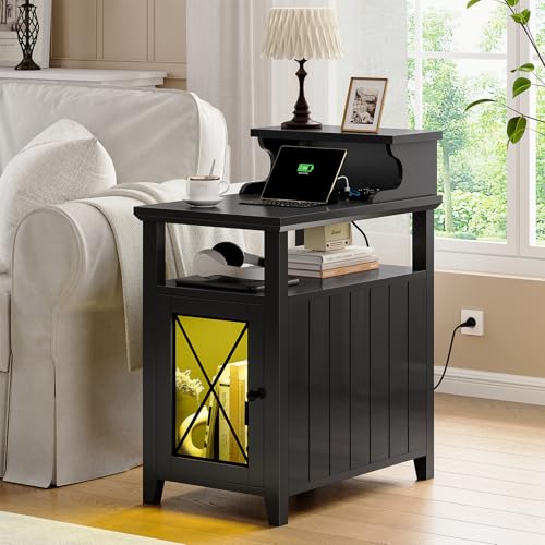 Itaar Farmhouse End Table with Charging Station, Side Table w/Door & Open Shelves, Narrow Nightstand with LED Lights, Bedside Table with Storage Cabinet for Bedroom, Living Room, Black