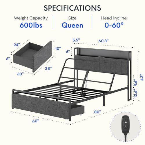 FLEXISPOT Queen Adjustable Bed + 12-inch Cooling Gel Memory Foam Mattress, Storage Headboard, Charging Station, Head Incline, LED Lighting, Storage Drawers, Quiet Powerful DC Motor, and Easy Assembly