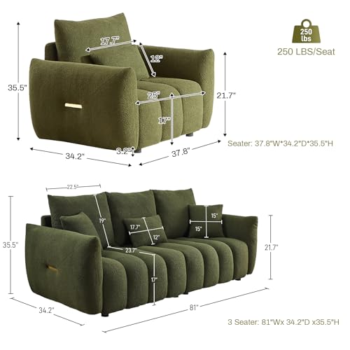2 Piece Teddy Cloud Sofa Couch Set, Modern Deep Seat 3 Seater Boucle Sofa & Single Sofa Chair, Cozy Upholstered Sherpa Living Room Furniture Set for Apartment Office, Black