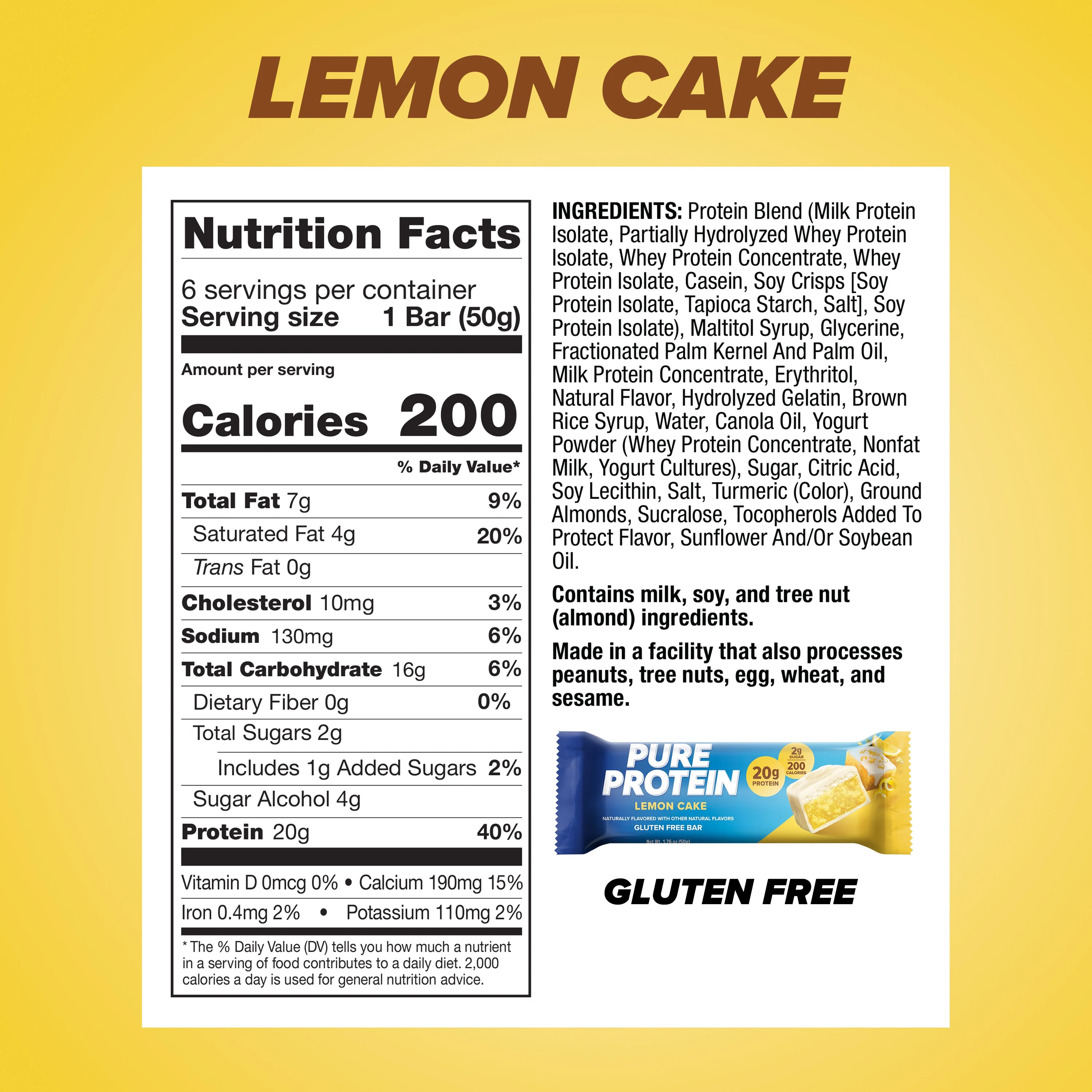 Pure Protein Bars, Lemon Cake, 20g Protein, Gluten Free, 1.76 oz, 6 Ct