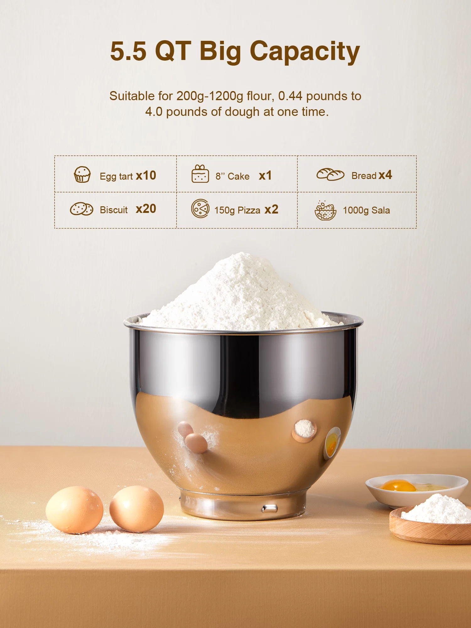 Kealive 5.5QT Tilt-Head Stand Mixer, 6+P Mess-free Kitchen Electric Mixer with Dough Hook, Whisk & Beater, Gold