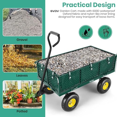 GVDV 660LB Garden Cart with Liner, Heavy Duty Steel Garden Wagon, Folding Utility Wagon with Removable Sides and 10