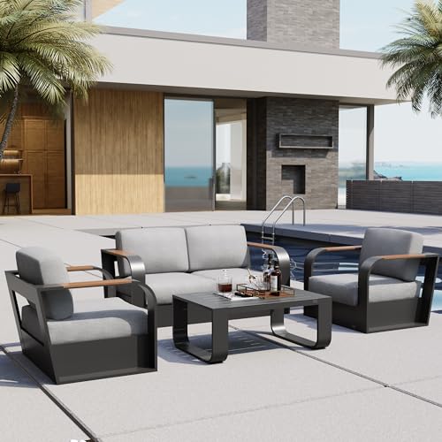 EAST OAK Signature 4 Pieces Patio Furniture Set, Outdoor Furniture with Aluminum Frame, Deep Seating Outdoor Loveseat and Coffee Table, Modern Patio Conversation Set for Porch and Balcony, Dark Grey