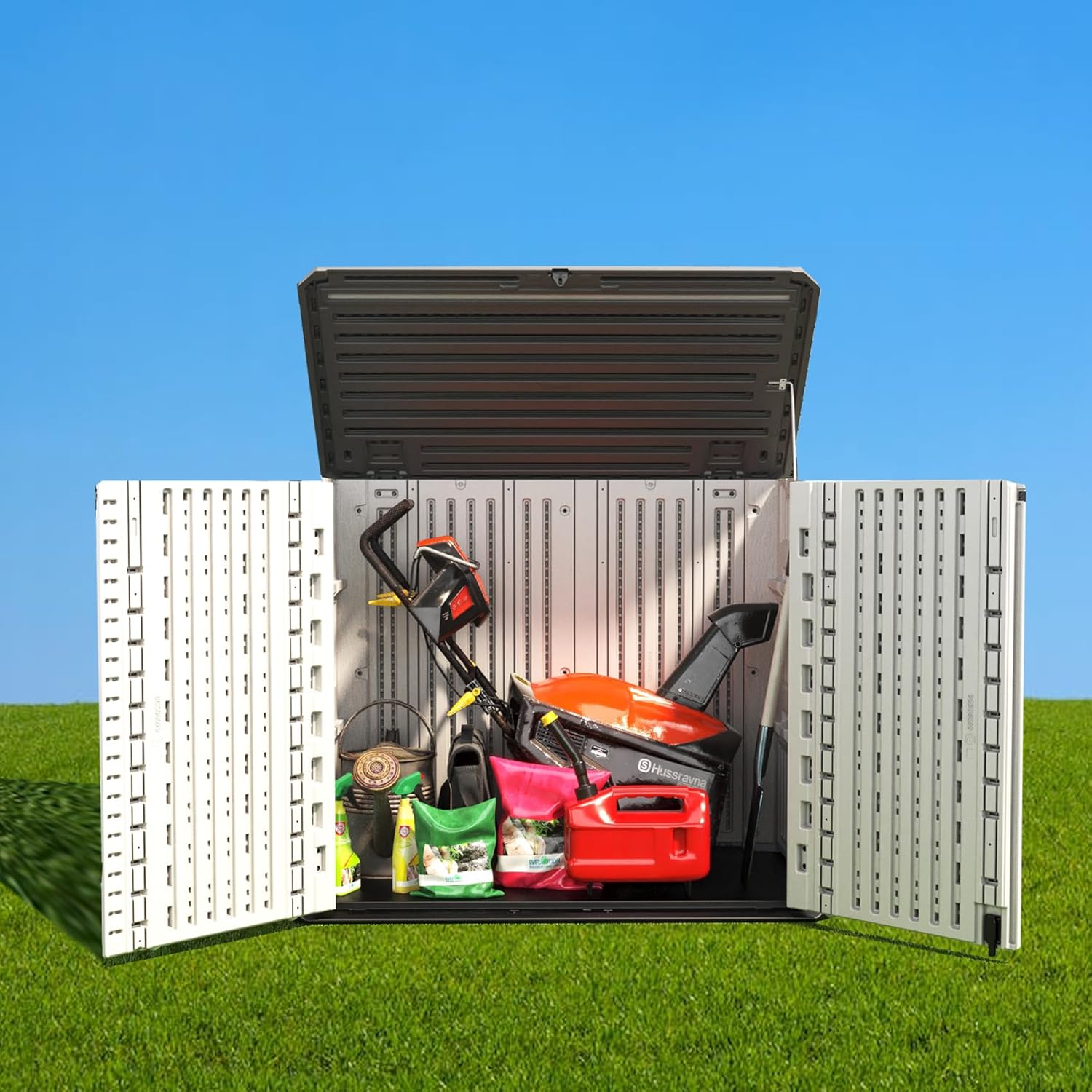 ADDOK Outdoor Horizontal Storage Cabinet,Outdoor Storage Sheds Waterproof/Lockable,Resin Outdoor Storage Cabinet for Trash can/Patio/Garden Accessories(White)